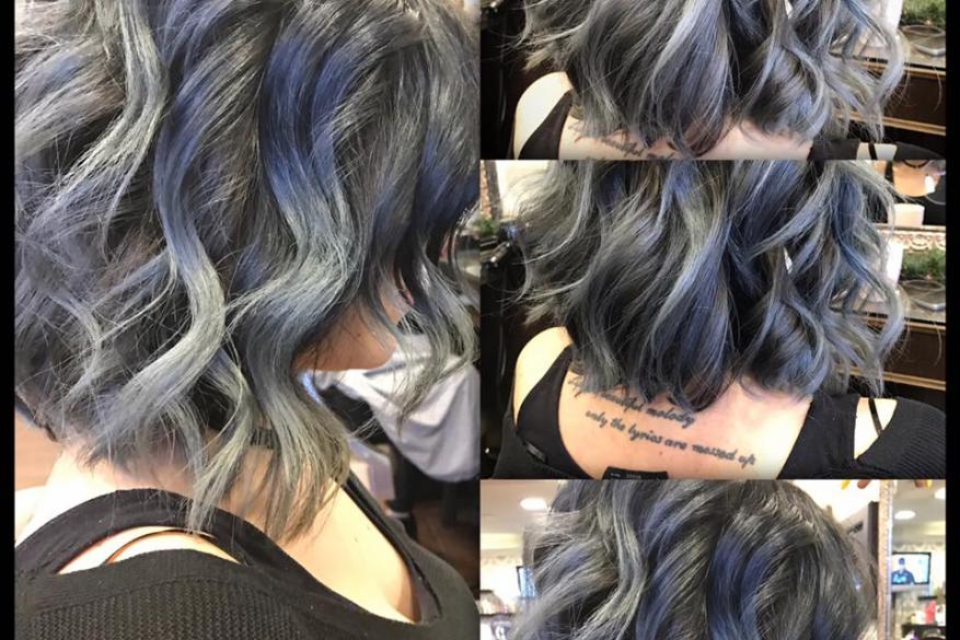 Dark Grey Blue Hair Wavy Hairstyling Σκούρο Μπλε Γκρι Κυματιστό Κοντό